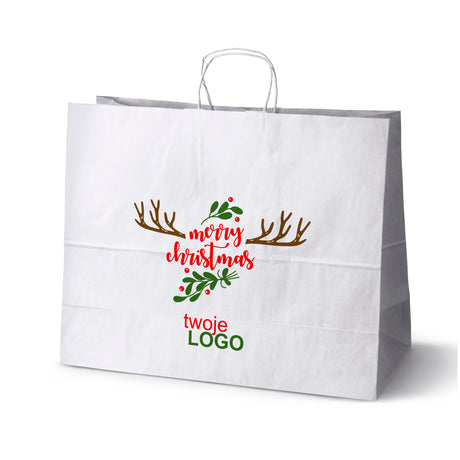 Torba papierowa świąteczne Biała 50szt. 500x180x390mm +LOGO (22 kolorowe wzory) RO-02