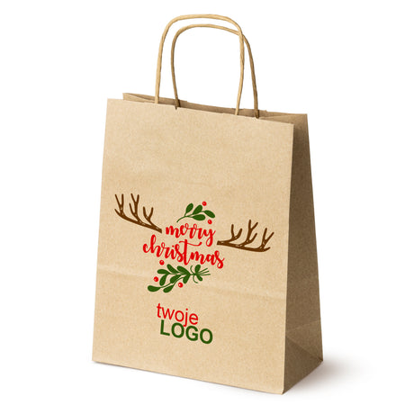 Torba papierowa świąteczne Brązowa 50szt. 180x80x225mm +LOGO (22 kolorowe wzory) RO-02