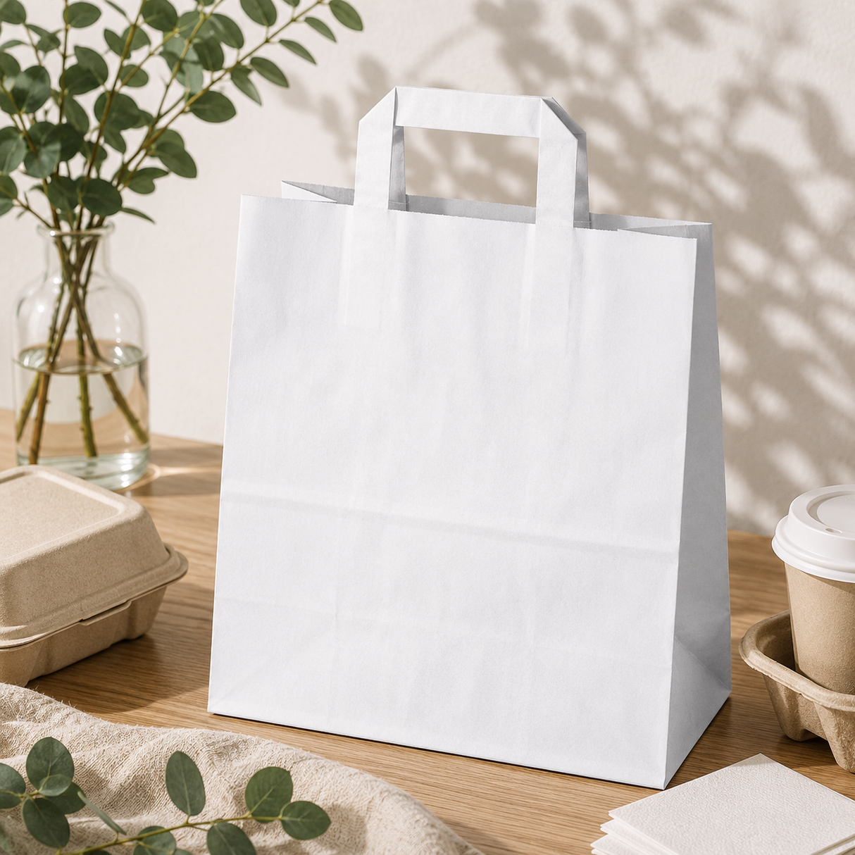 Torba Papierowa z Uchwytem Płaskim 260x140x300mm Biała