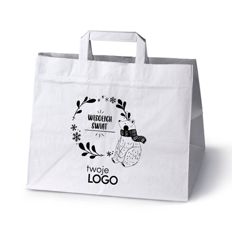 Torba papierowa świąteczne 50szt.320x220x245mm Biała +LOGO (23 wzory) SW-21