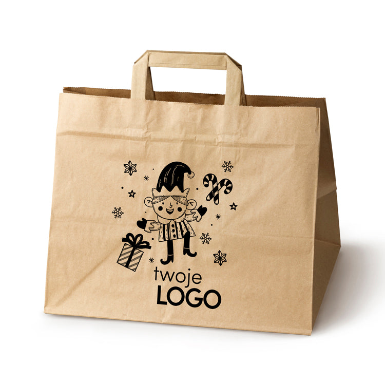 Torba papierowa świąteczne 50szt.320x220x245mm Brązowa +LOGO (23 wzory) SW-06