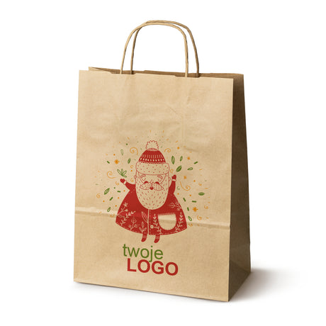 Torba papierowa świąteczne Brązowa 50szt. 240x100x320mm +LOGO (22 kolorowe wzory) RO-03