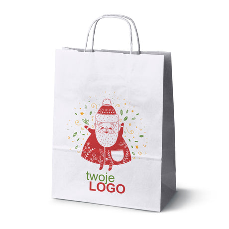 Torba papierowa świąteczne Biała 50szt. 240x100x320mm +LOGO (22 kolorowe wzory) RO-03