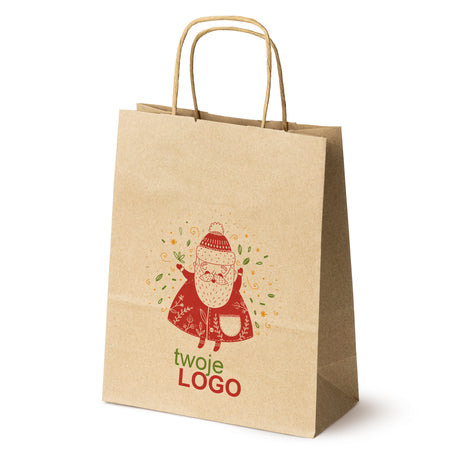 Torba papierowa świąteczne Brązowa 50szt. 180x80x225mm +LOGO (22 kolorowe wzory) RO-03