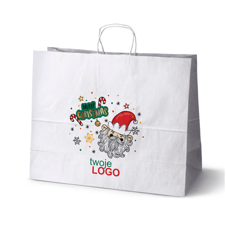Torba papierowa świąteczne Biała 50szt. 500x180x390mm +LOGO (22 kolorowe wzory) RO-04