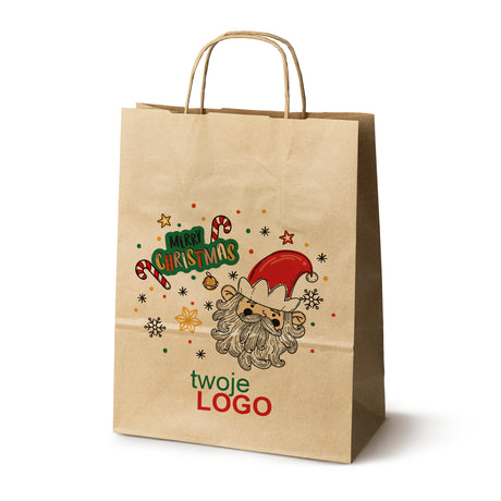 Torba papierowa świąteczne Brązowa 50szt. 240x100x320mm +LOGO (22 kolorowe wzory) RO-04