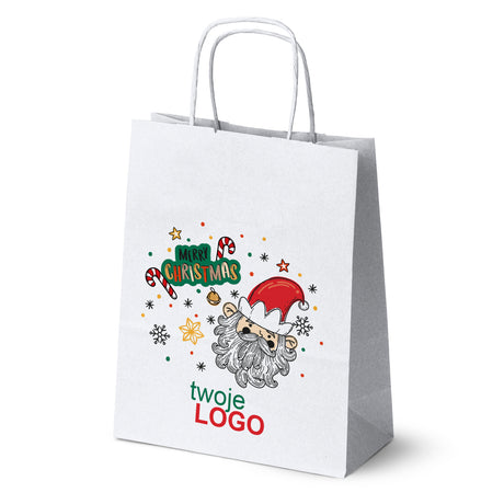 Torba papierowa świąteczne Biała 50szt. 180x80x225mm +LOGO (22 kolorowe wzory) RO-04