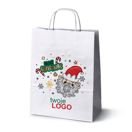 Torba papierowa świąteczne Biała 50szt. 240x100x320mm +LOGO (22 kolorowe wzory) RO-04