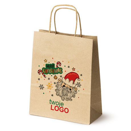 Torba papierowa świąteczne Brązowa 50szt. 180x80x225mm +LOGO (22 kolorowe wzory) RO-04