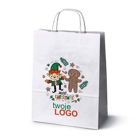 Torba papierowa świąteczne Biała 50szt. 240x100x320mm +LOGO (22 kolorowe wzory) RO-06