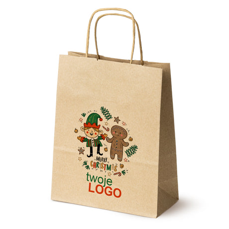 Torba papierowa świąteczne Brązowa 50szt. 180x80x225mm +LOGO (22 kolorowe wzory) RO-06