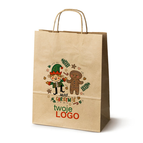 Torba papierowa świąteczne Brązowa 50szt. 240x100x320mm +LOGO (22 kolorowe wzory) RO-06