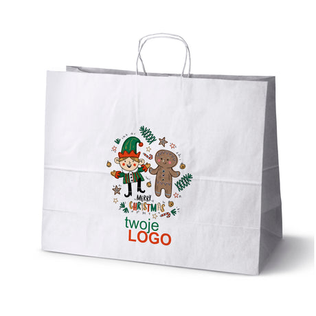 Torba papierowa świąteczne Biała 50szt. 500x180x390mm +LOGO (22 kolorowe wzory) RO-06