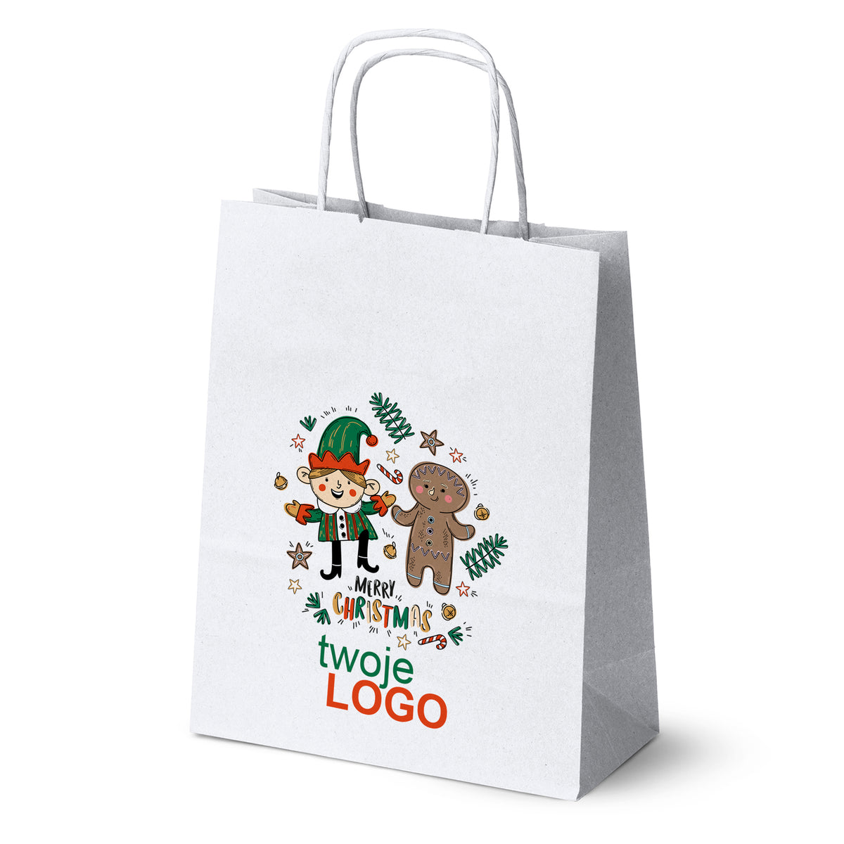 Vánoční papírové tašky zelené 50 ks. 180x80x225mm + LOGO (23 designů)
