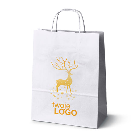 Torba papierowa świąteczne Biała 50szt. 240x100x320mm +LOGO (22 kolorowe wzory) RO-07