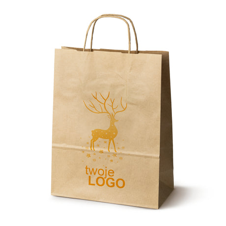 Torba papierowa świąteczne Brązowa 50szt. 240x100x320mm +LOGO (22 kolorowe wzory) RO-07