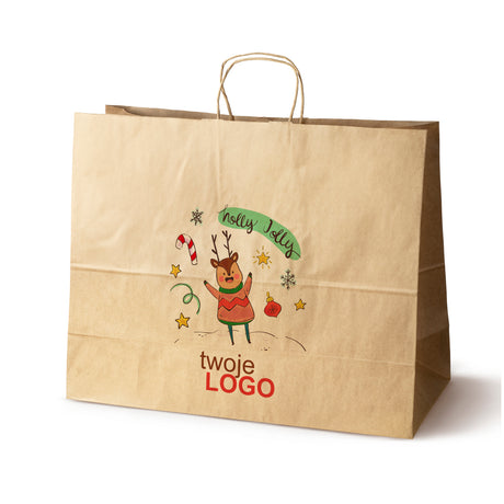 Torba papierowa świąteczne Brązowa 50szt. 500x180x390mm +LOGO (22 kolorowe wzory) RO-08