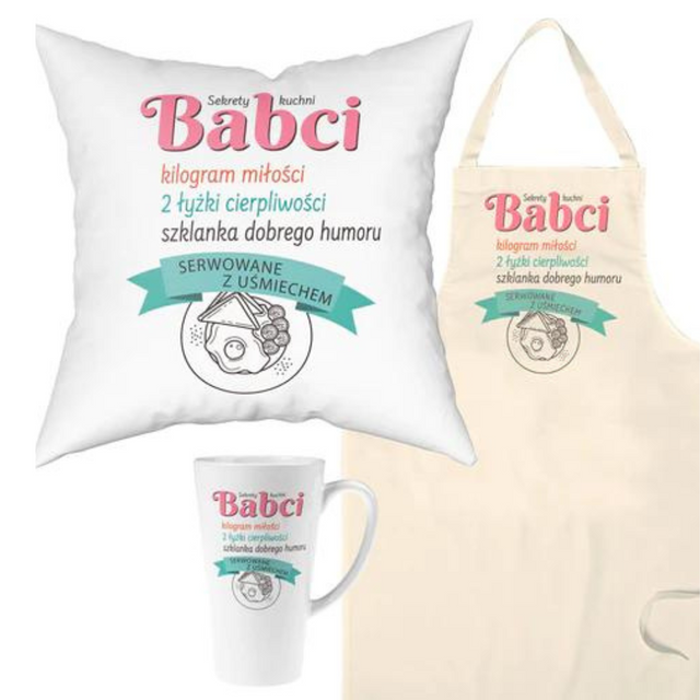 Zestaw Fartuch,Kubek,Poduszka Sekrety Kuchni Babci Prezent na Dzień Babci