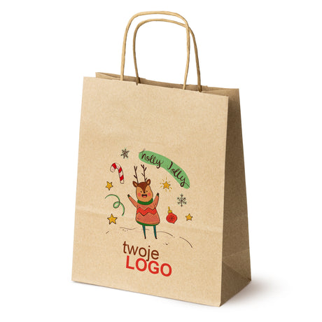 Torba papierowa świąteczne Brązowa 50szt. 180x80x225mm +LOGO (22 kolorowe wzory) RO-08