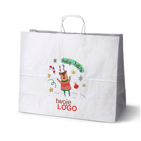 Torba papierowa świąteczne Biała 50szt. 500x180x390mm +LOGO (22 kolorowe wzory) RO-08