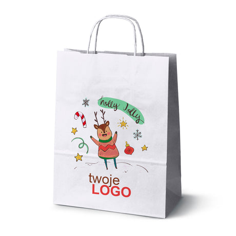 Torba papierowa świąteczne Biała 50szt. 240x100x320mm +LOGO (22 kolorowe wzory) RO-08