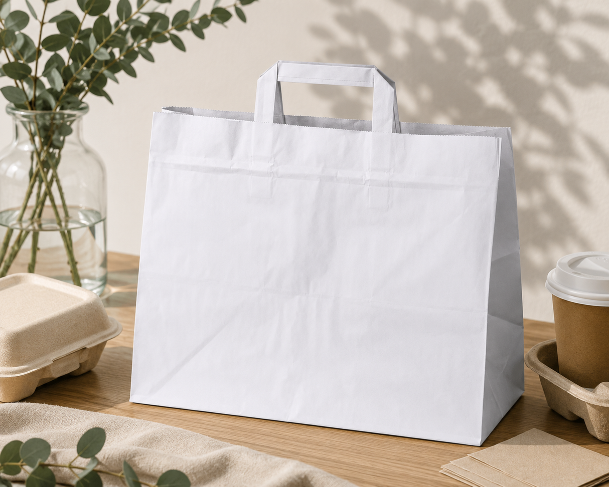 Torba Papierowa z Uchwytem Płaskim 320x220x245mm Biała