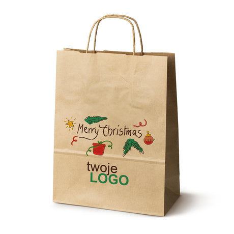 Torba papierowa świąteczne Brązowa 50szt. 240x100x320mm +LOGO (22 kolorowe wzory) RO-09