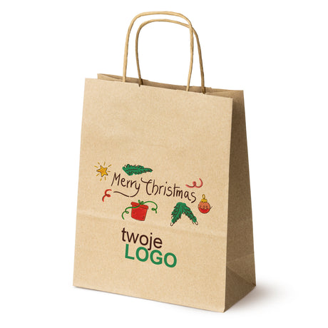 Torba papierowa świąteczne Brązowa 50szt. 180x80x225mm +LOGO (22 kolorowe wzory) RO-09