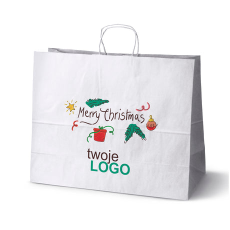 Torba papierowa świąteczne Biała 50szt. 500x180x390mm +LOGO (22 kolorowe wzory) RO-09