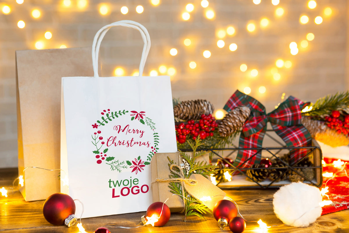 Vánoční papírové tašky zelené 50 ks. 180x80x225mm + LOGO (23 designů)