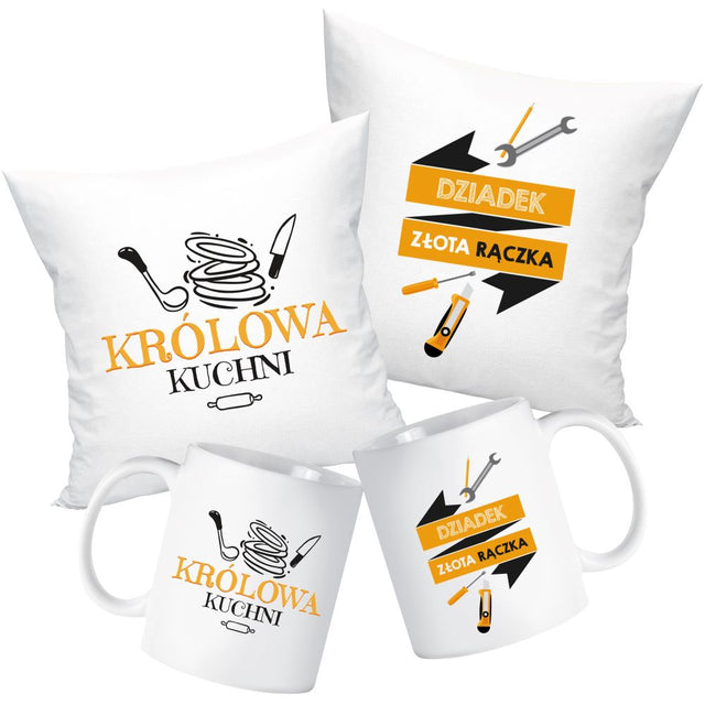Zestaw Poduszka Kubek Królowa Kuchni i Dziadek Jedyny w swoim Rodzaju Prezent na Dzień Babci i Dziadka