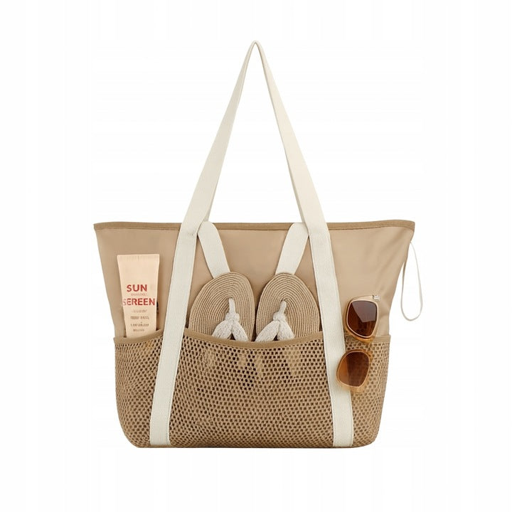 Beżowa torba plażowa z siateczką i kieszeniami