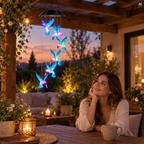 Solarne dzwonki wietrzne z kolibrami LED