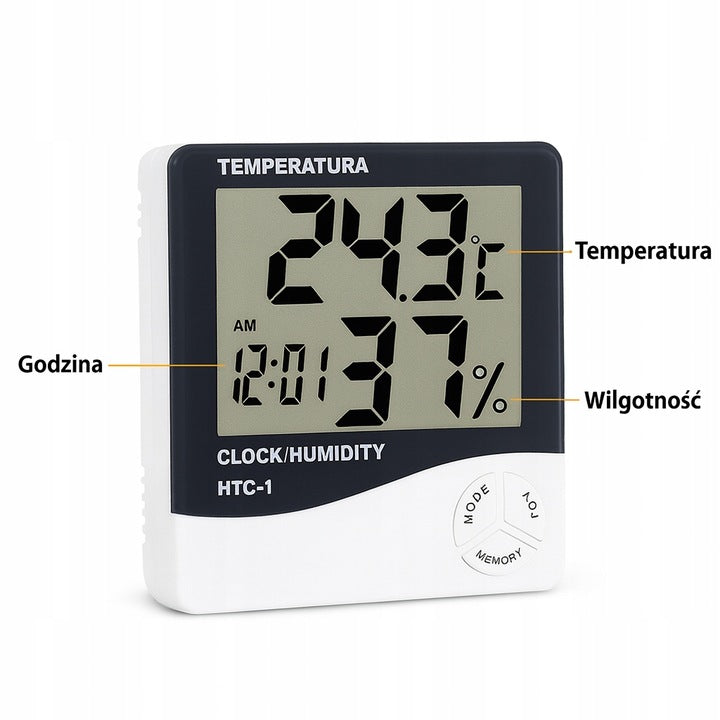 Higrometr cyfrowy LCD z termometrem i zegarem