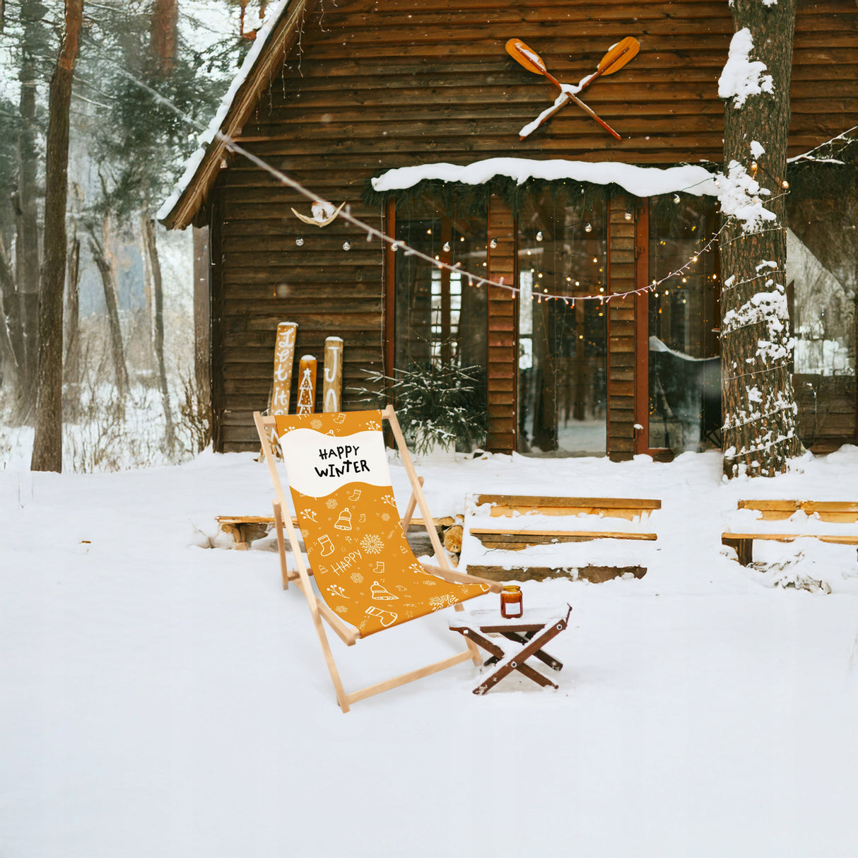 Leżak Zimowy Drewniany Złoty HAPPY WINTER