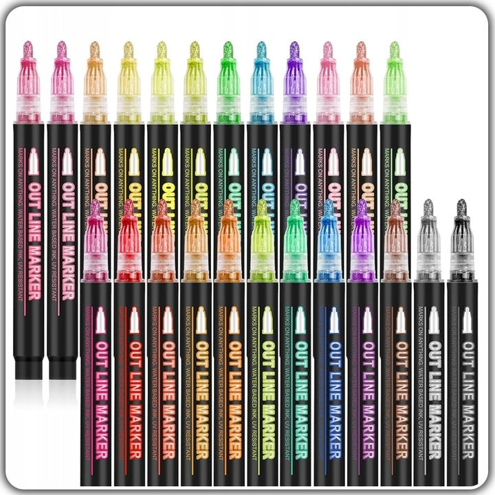 Mazaki konturowe 2w1 brokatowe 24 kolory