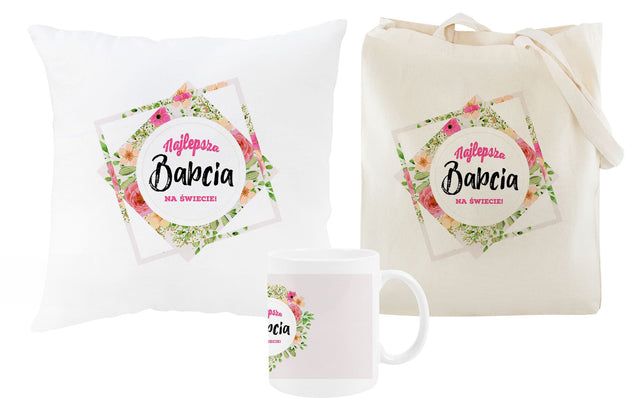 Zestaw Torba Bawełniana,Kubek,Poduszka Najlepsza Babcia na Świecie Prezent na Dzień Babci