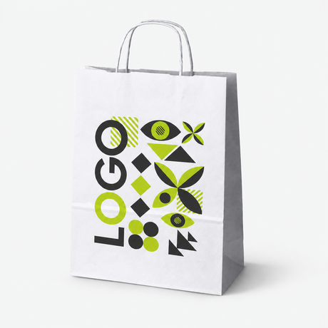 Torba papierowa z nadrukiem, uchwyt skręcany 240 × 100 × 320 mm Biała