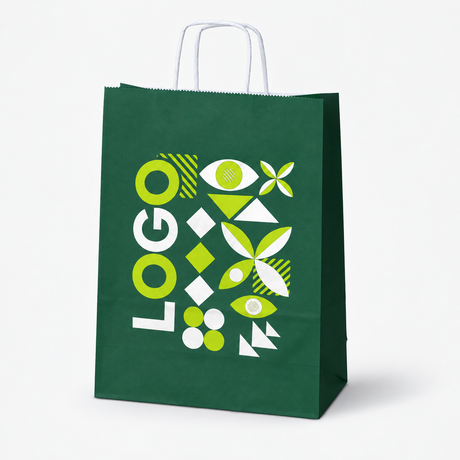 Torba papierowa z nadrukiem, uchwyt skręcany 240 × 100 × 320 mm Ciemnozielona
