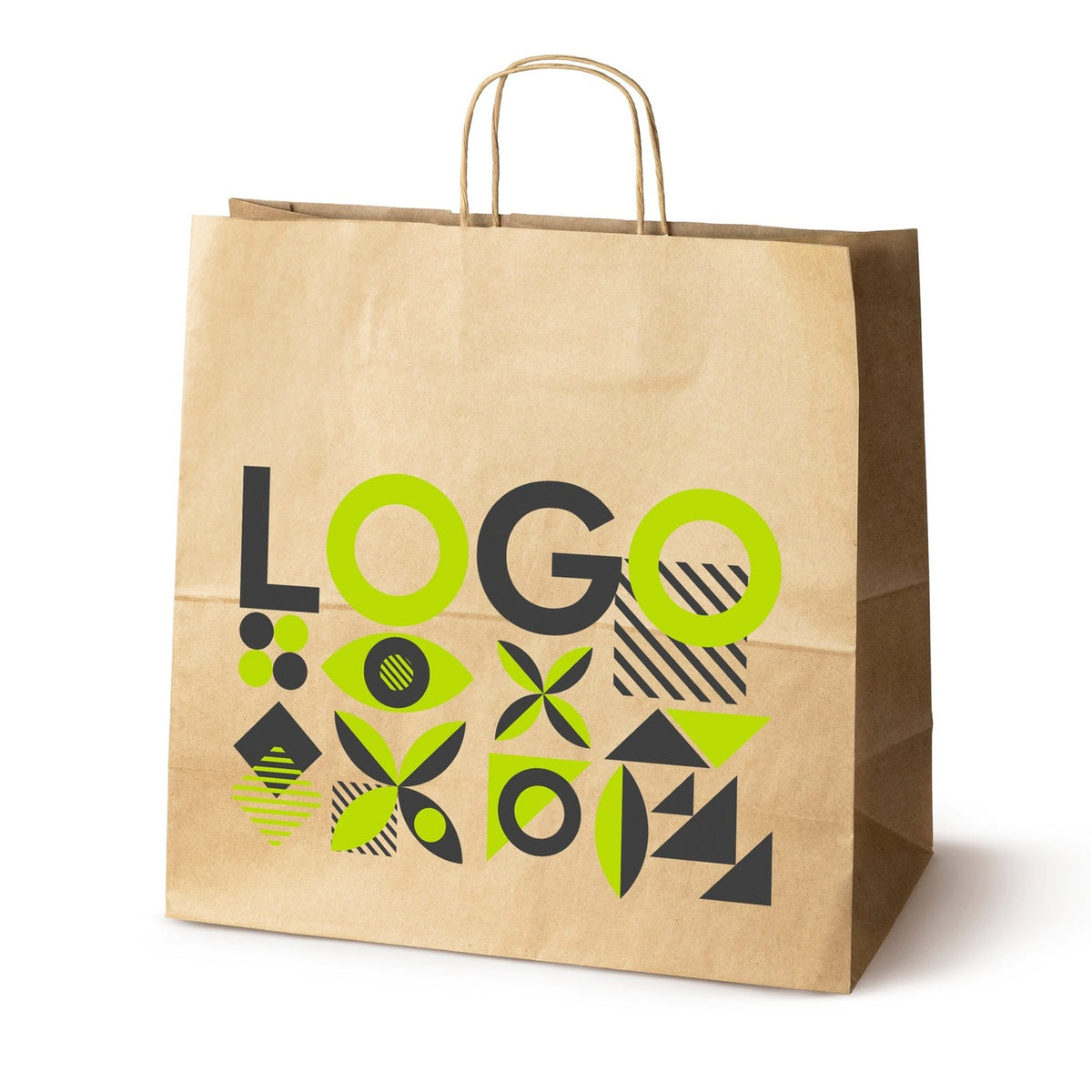 Torba papierowa z nadrukiem, uchwyt skręcany 400×180×390 mm, brązowa (kraft), przykład nadruku [S-400x180x390-br]