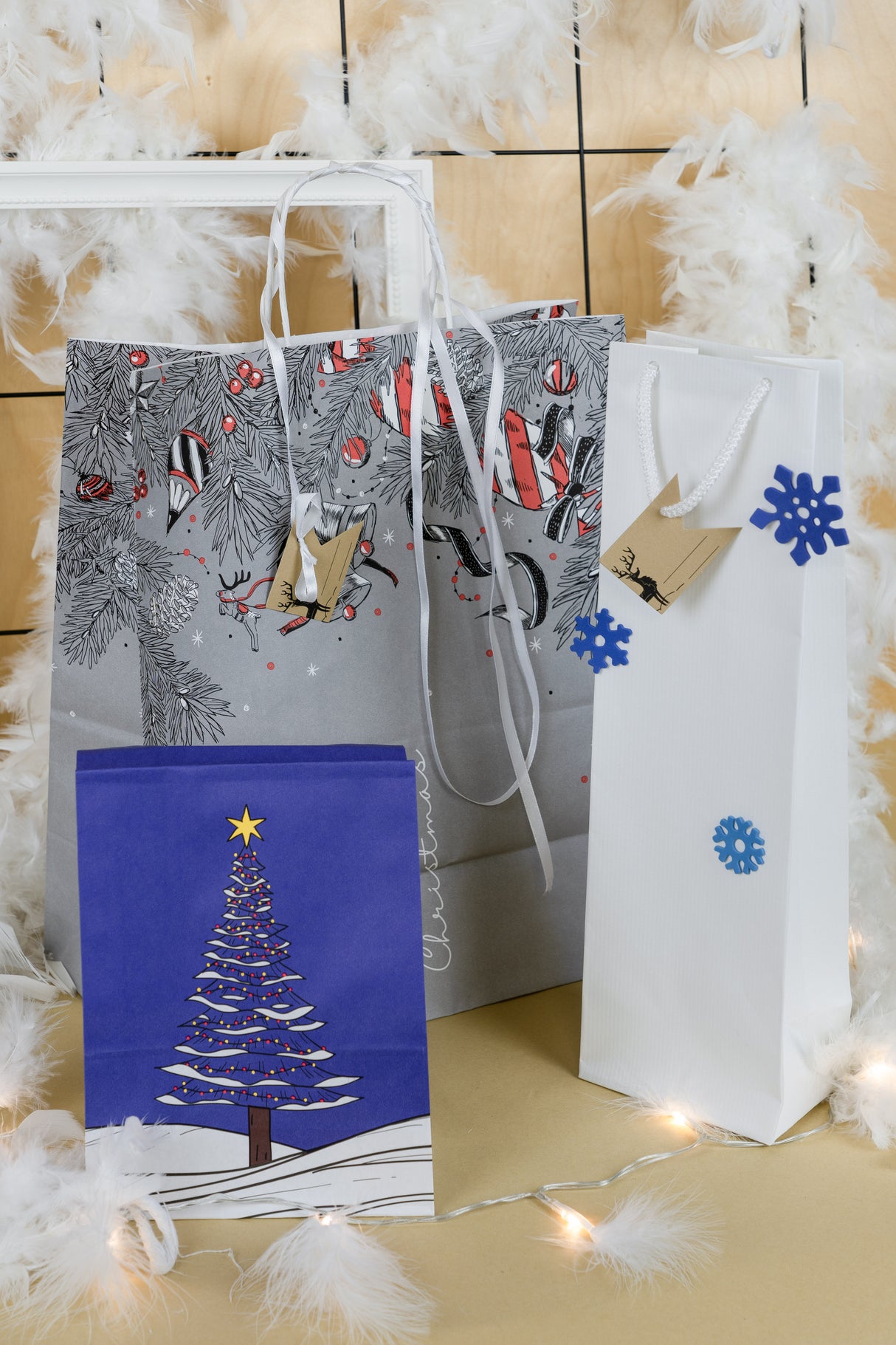 Zestaw torebek Świątecznych do pakowania prezentów GRANATOWO SZARY
