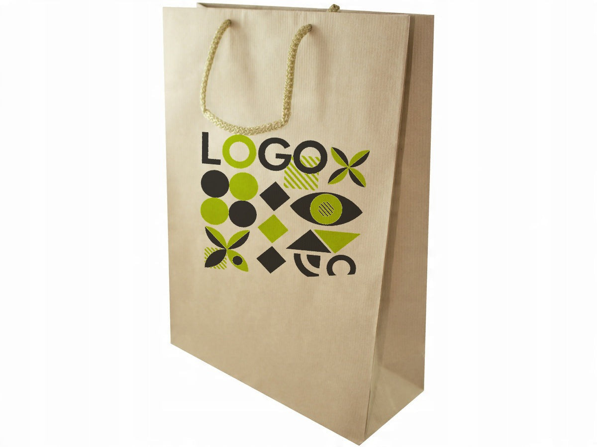 Torba papierowa z nadrukiem, uchwyt sznurkowy 240×90×320 mm, brązowa (kraft), wizualizacja nadruku [SZN-240x90x320-br]