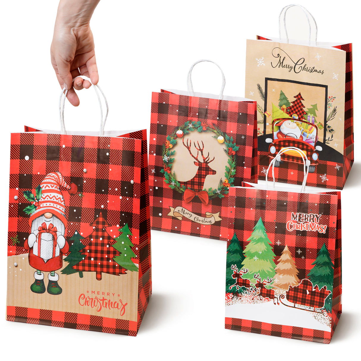 Torba papierowa świąteczna 260x120x330mm Mikołaj Choinka w Kratę 4szt.