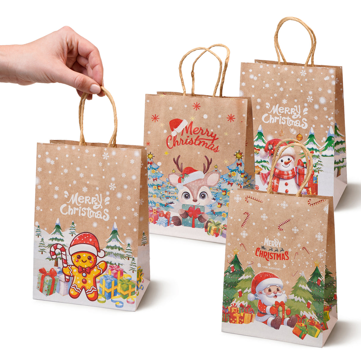 Torba papierowa świąteczna 150x80x210mm Bałwan Renifer Mikołaj Piernik 4szt.