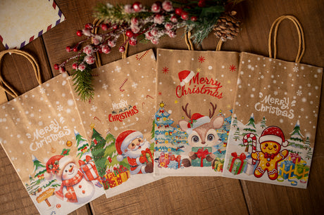 Torba papierowa świąteczna 150x80x210mm Bałwan Renifer Mikołaj Piernik 4szt.