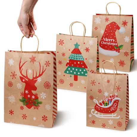 Torba papierowa świąteczna 150x80x210 mm Renifer Choinka Sanie Czapka 4szt.