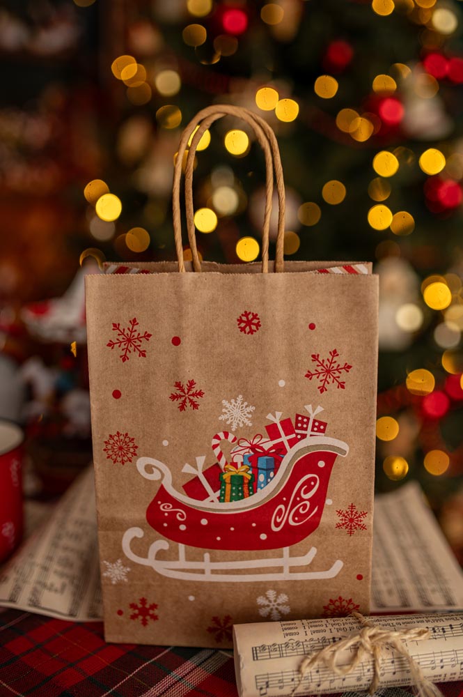 Torba papierowa świąteczna 150x80x210 mm Renifer Choinka Sanie Czapka 4szt.