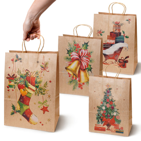Torba papierowa świąteczna 260x120x330mm Skarpeta Choinka Dzwonek Prezenty 4szt.