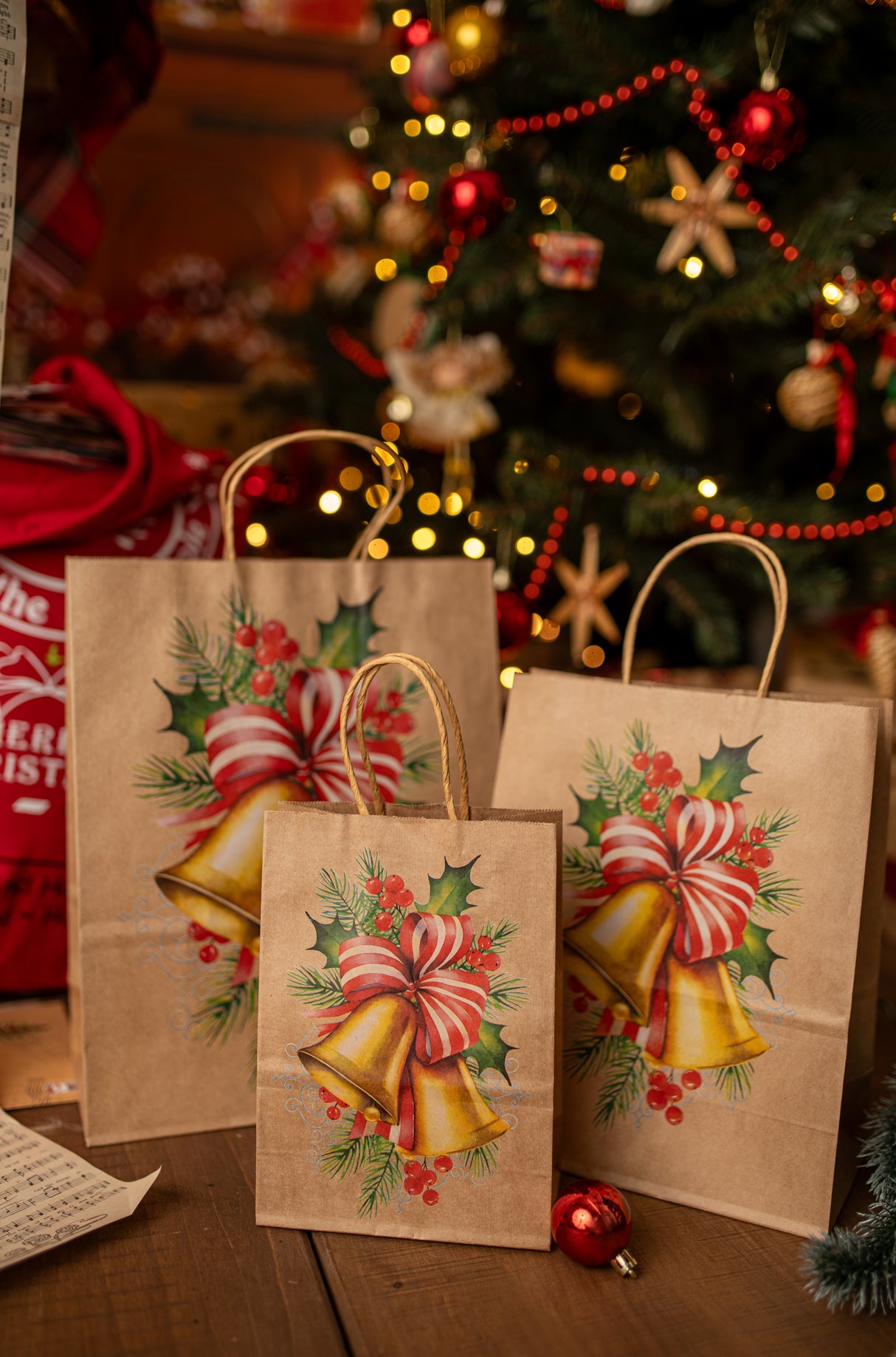 Torba papierowa świąteczna 210x110x270mm Skarpeta Choinka Dzwonek Prezenty 4szt.