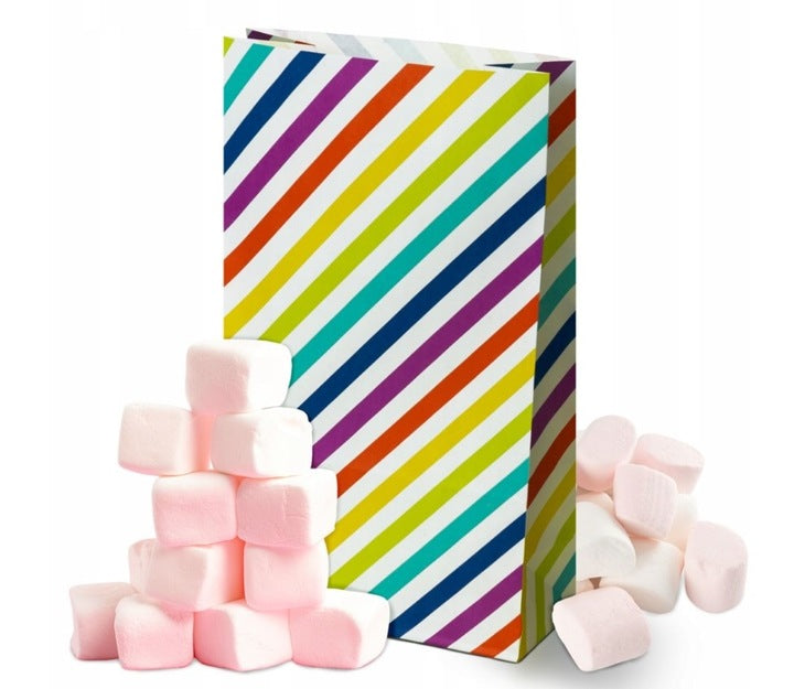 Torba papierowa klockowa 160x80x270mm Biała w kolorowe paski